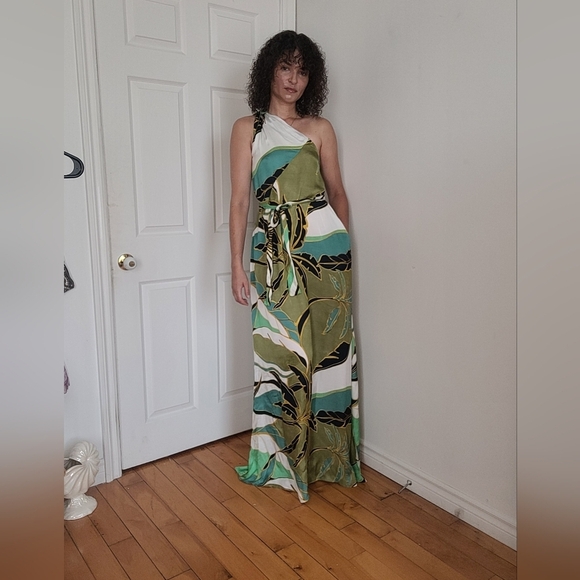 Reiss Elegant Green and White One-Shoulder Dress - Picture 5 of 8